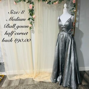 Metallic Silver Corset Back Maxi Gown with pockets – NWT Size 8